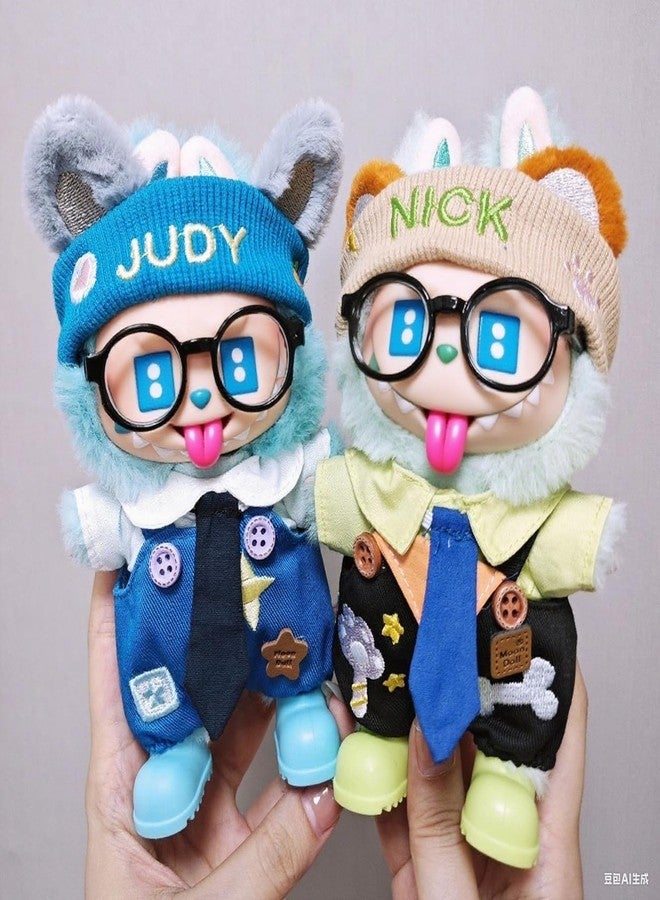 WASTROYAL Fit Labubu Outfit Set 1, 2 & 3 - Star and Bone Print Overalls with Tie, Trendy Doll Costume for Collectors and Toy Lovers (Blue) - Image 3